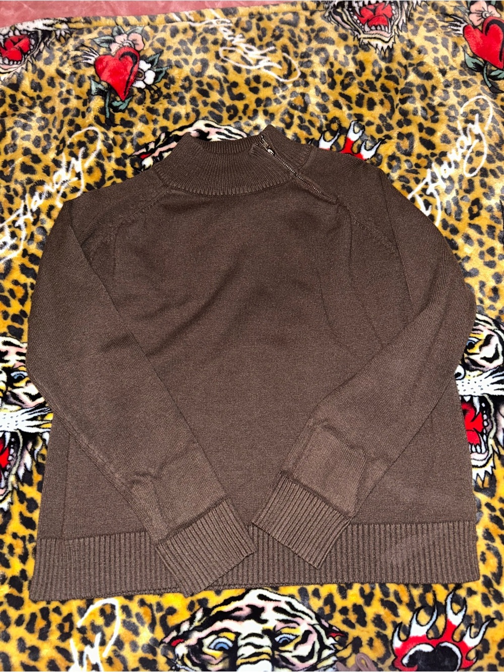 Bloomingdale's Brown Zip Mock Neck Sweater